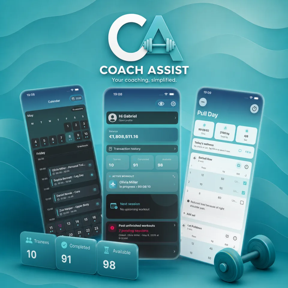 CoachAssist appképernyők irányítópulttal, foglalásokkal, pénzügyekkel és edzésekkel
