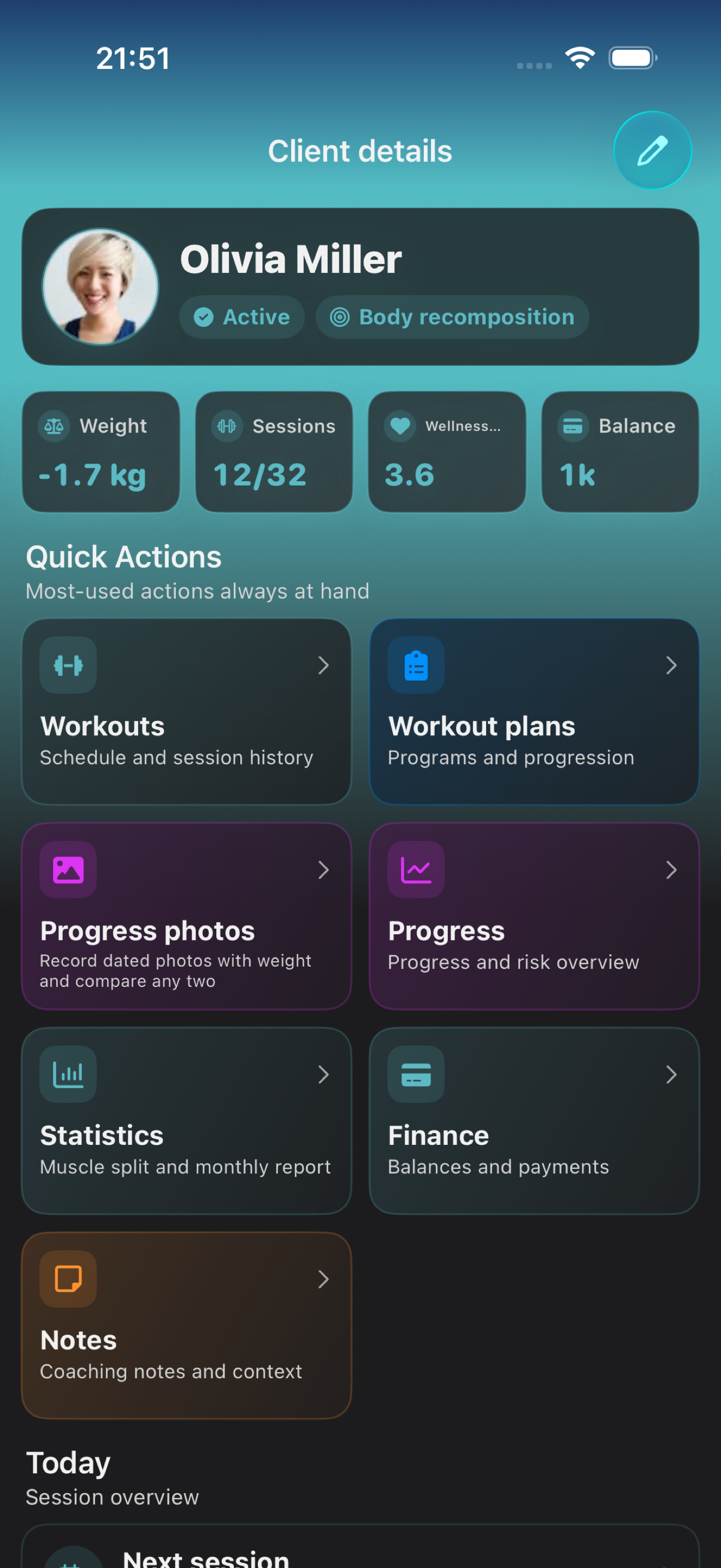 Client details and quick actions