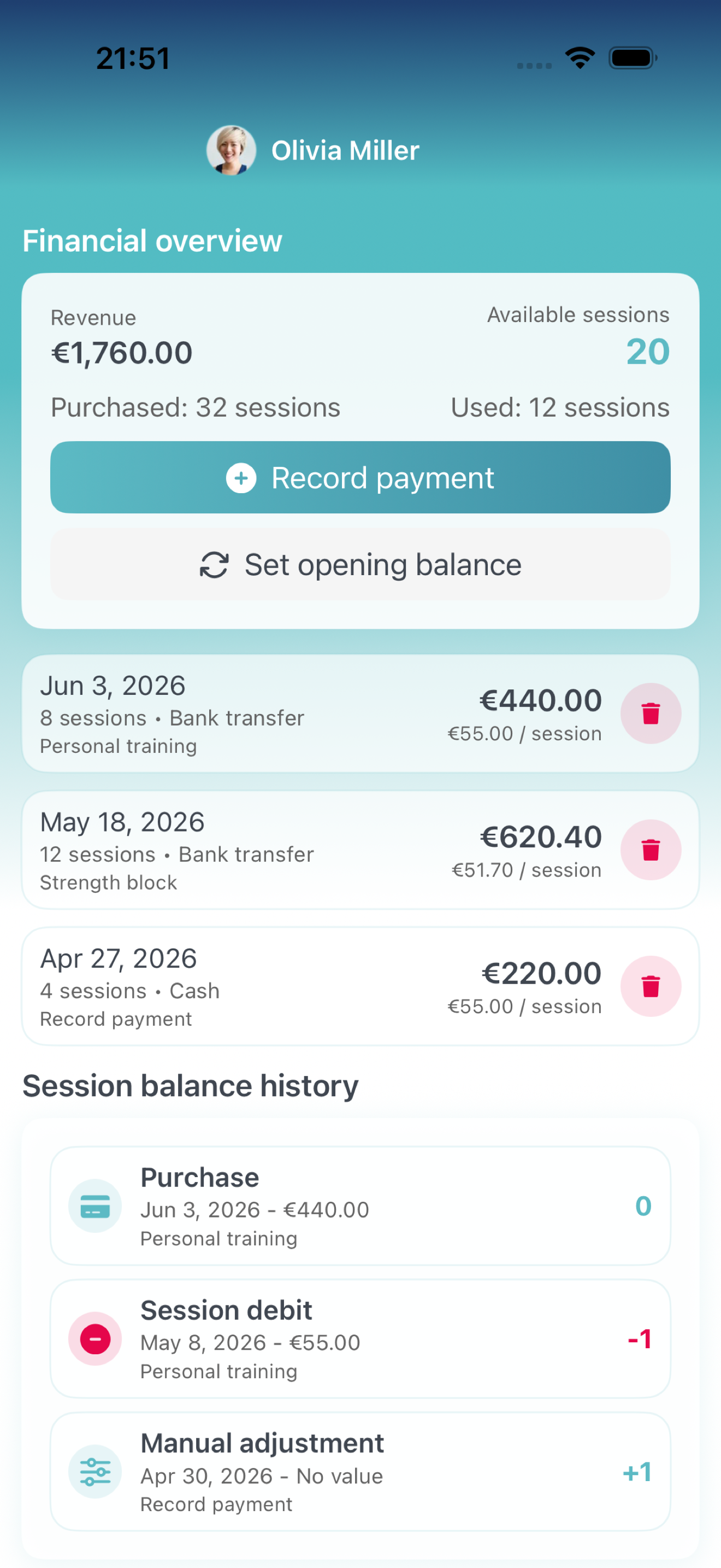 Client finance and session balance screen