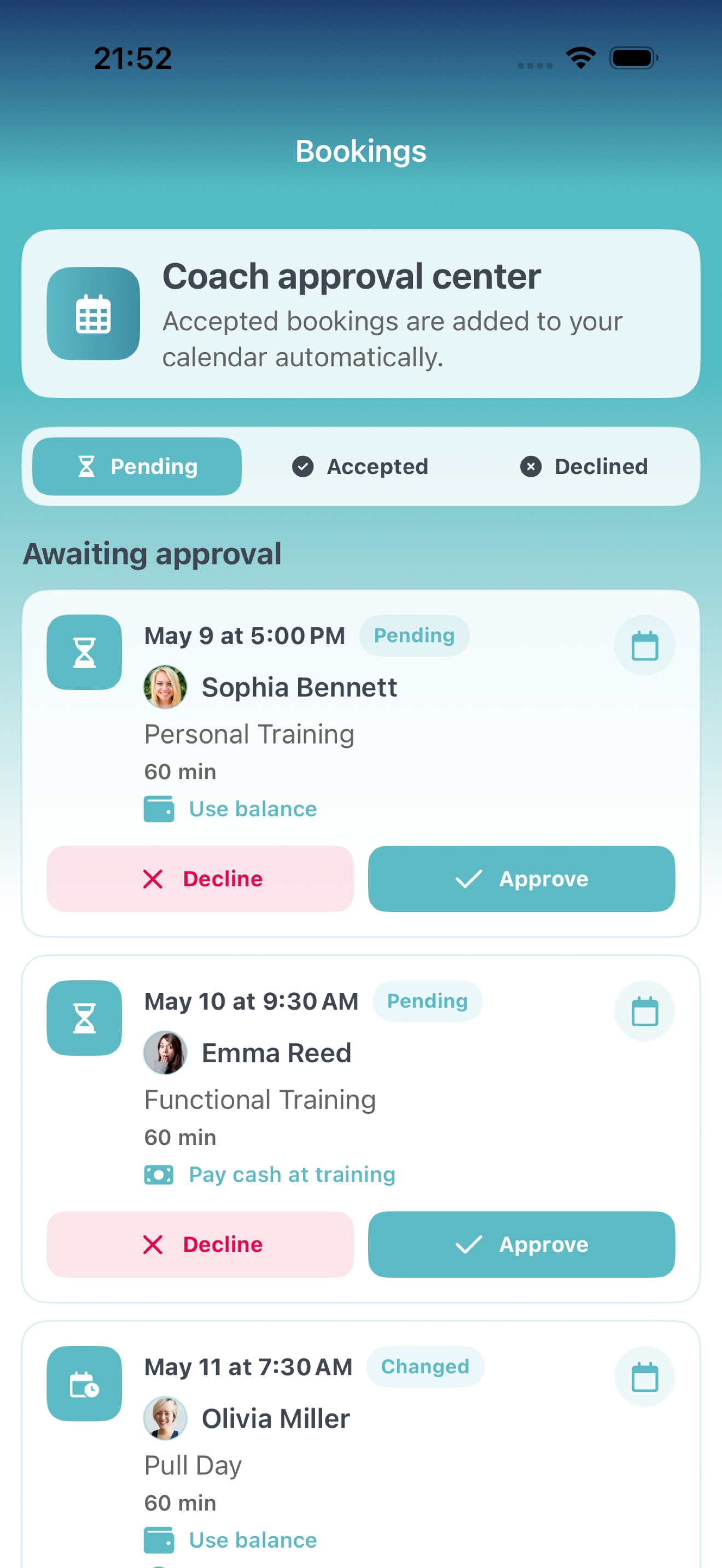 CoachAssist booking approval screen